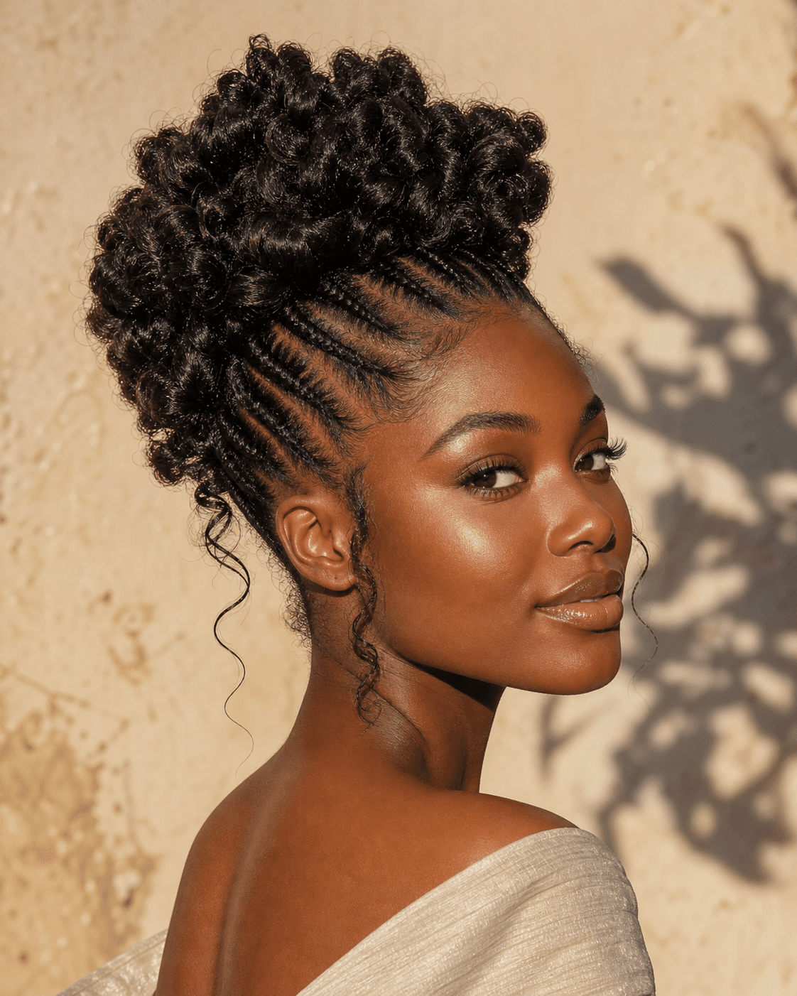 Elegant natural hair updo with cornrow detail